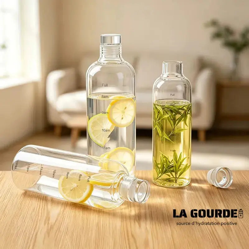 Lot De 2 Gourde En Verre de 1L avec Graduation Horaire, gourde verre motivation avec marqueur de temps, adaptée aux personnes recherchant une bouteille d’eau portable pour suivre leur consommation pendant une journée active.