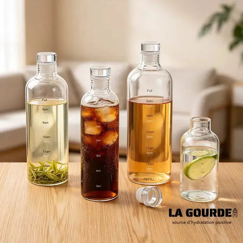 Lot De 2 Gourde En Verre de 1L avec Graduation Horaire, bouteille d’eau de sport en verre avec échelle de temps, format 1000 ml avec housse de protection pour accompagner les entraînements et les activités extérieures.