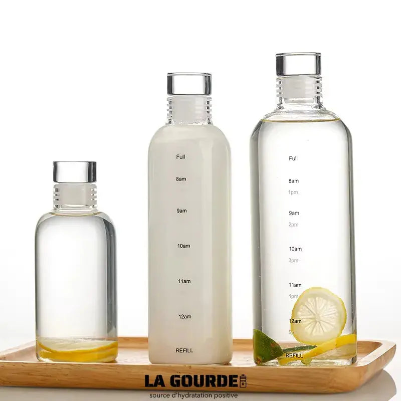 
Lot De 2 Gourde En Verre de 1L avec Graduation Horaire, gourde graduée 1L avec repères horaires et housse en néoprène, idéale pour disposer d’une bouteille d’eau motivante et pratique à emporter partout.