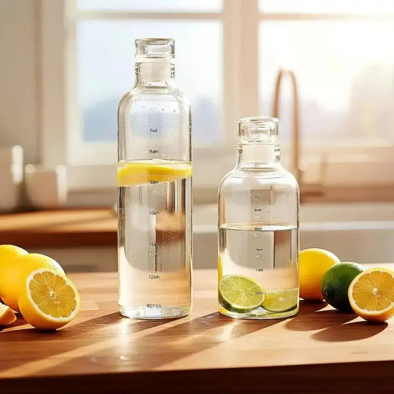 Lot De 2 Gourde En Verre de 1L avec Graduation Horaire, bouteille en verre motivante avec marqueur de temps et housse néoprène pliable, un choix pratique pour celles et ceux qui recherchent une gourde graduée 1L pour suivre leur hydratation au quotidien.