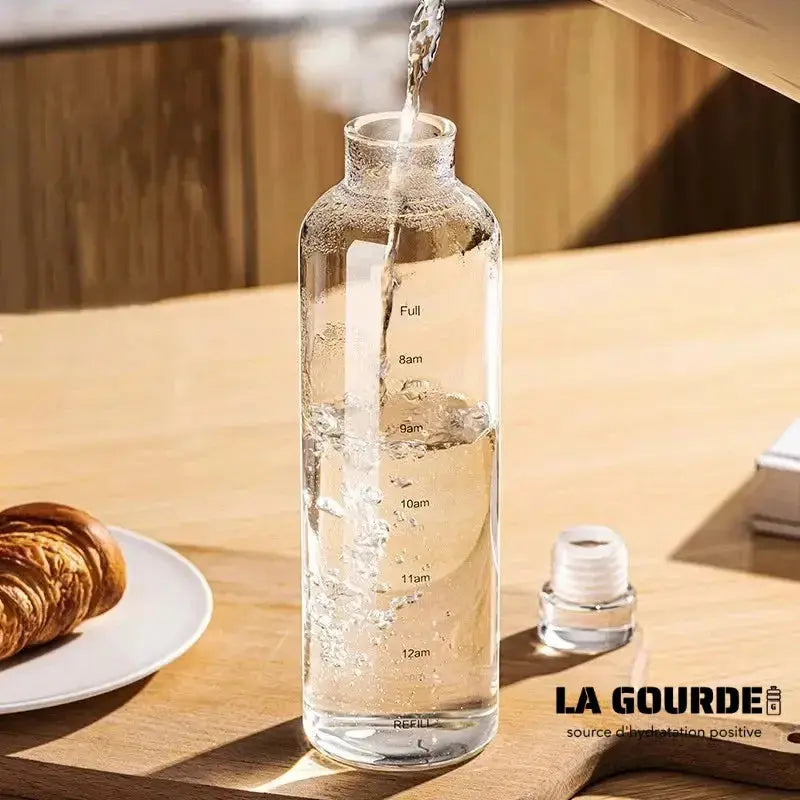 
Lot De 2 Gourde En Verre de 1L avec Graduation Horaire, gourde en verre graduée 1L avec marqueur de temps, conçue pour visualiser facilement les différents moments de consommation d’eau et garder une routine régulière