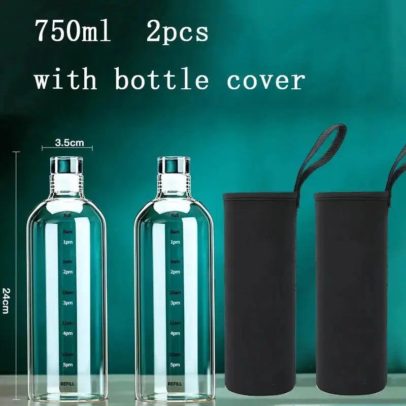 Lot De 2 Gourde En Verre de 1L avec Graduation Horaire, bouteille d’eau motivante 1L avec repères horaires, pensée pour les personnes qui souhaitent garder une vision simple de leur consommation d’eau quotidienne.