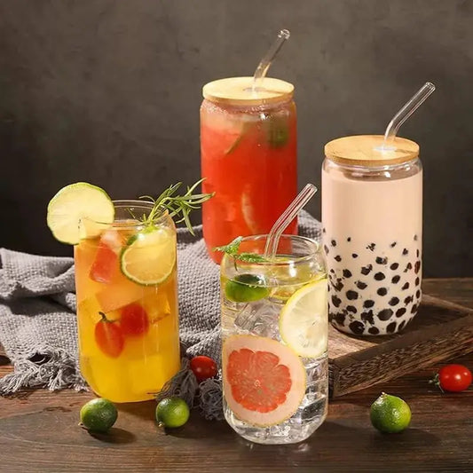 Lot de 6 Gobelets en Verre avec Paille et Couvercle 500ml, verre canette 500 ml, couvercle en bambou, paille en verre, idéal pour café glacé | La Gourde®
