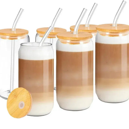 Lot de 6 Gobelets en Verre avec Paille et Couvercle 500ml, verre ice coffee, couvercle bambou, paille réutilisable, idéal pour café froid | La Gourde®
