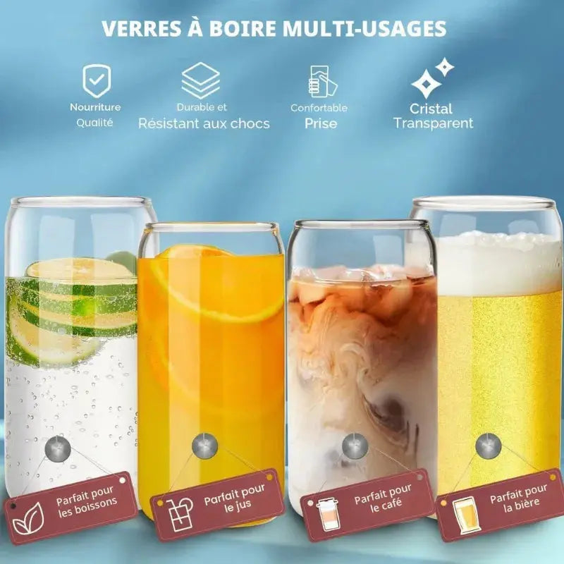 Lot de 6 Gobelets en Verre avec Paille et Couvercle 500ml, verre latte macchiato, verre à eau, paille en verre, idéal pour le petit-déjeuner | La Gourde®