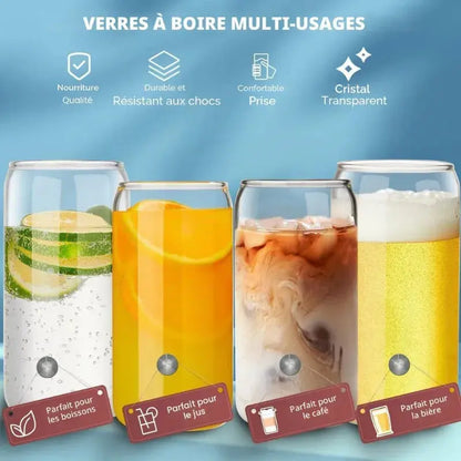 Lot de 6 Gobelets en Verre avec Paille et Couvercle 500ml, verre latte macchiato, verre à eau, paille en verre, idéal pour le petit-déjeuner | La Gourde®