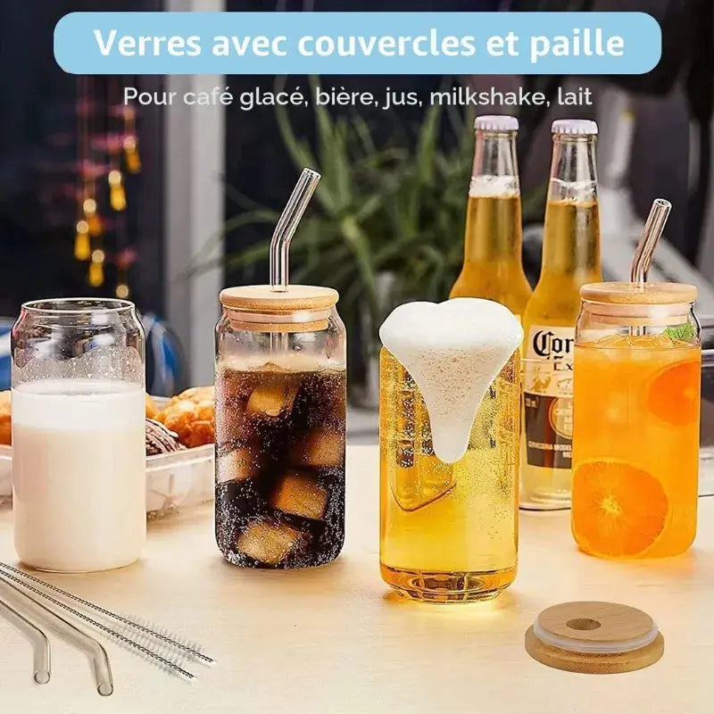 Lot de 6 Gobelets en Verre avec Paille et Couvercle 500ml, verres longdrink, pailles en verre, écologiques, idéals pour cocktails | La Gourde®