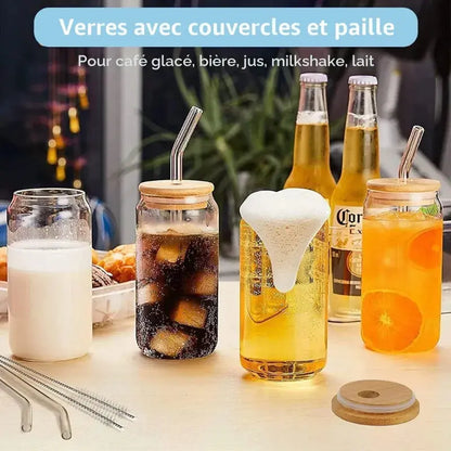 Lot de 6 Gobelets en Verre avec Paille et Couvercle 500ml, verres longdrink, pailles en verre, écologiques, idéals pour cocktails | La Gourde®