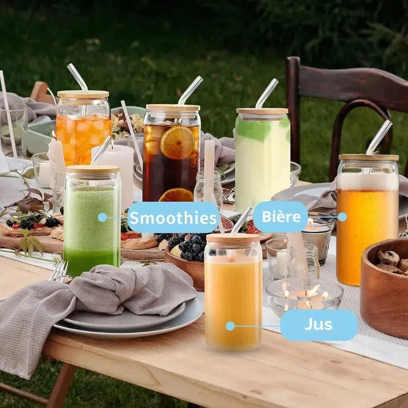 Lot de 6 Gobelets en Verre avec Paille et Couvercle 500ml, verre canette design, 500 ml, réutilisable, parfait pour smoothies | La Gourde®