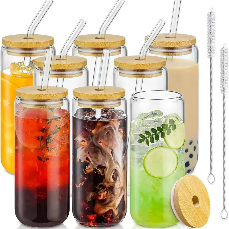 Lot de 6 Gobelets en Verre avec Paille et Couvercle 500ml, verre matcha, verrerie premium, design moderne, parfait pour le bureau | La Gourde®