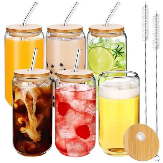Lot de 6 Gobelet En Verre Avec Paille et Couvercle 500ml