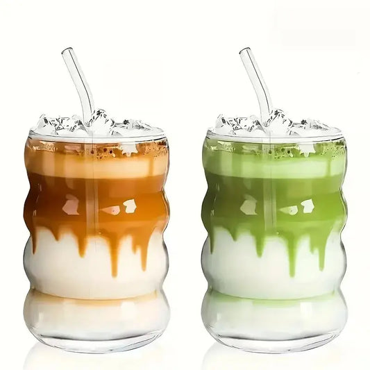 Lot de 2 Gobelet En Verre 350ML, verres côtelés, pailles en verre, verre borosilicate, parfaits pour café glacé | La Gourde®