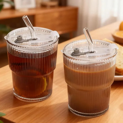 Lot de 2 Mini Mug En Verre 450ml avec paille réutilisable et couvercle transparent pour café thé et smoothies | La Gourde