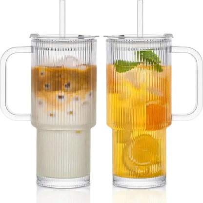 Mug En Verre 760ML Transparent avec paille réutilisable et couvercle coulissant pour café glacé | La Gourde®