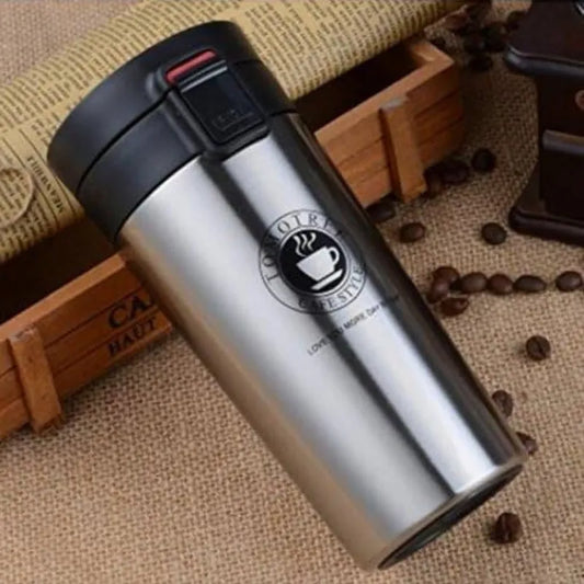 Mug Gris 380 ml en acier inoxydable avec design moderne, idéal pour café, thé, infusion et boissons fraîches à emporter | La Gourde
