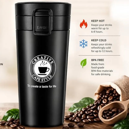 Mug thermos inox noir 380 ml réutilisable pour bureau, voiture, voyage et activités quotidiennes avec conservation longue durée | La Gourde