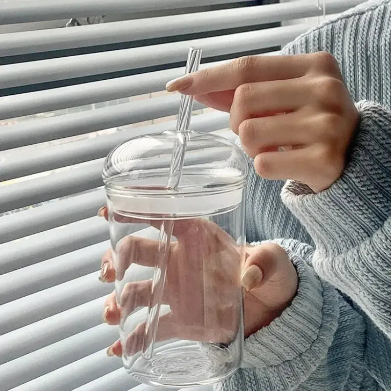 Mug Avec Couvercle 450ML – Verre Transparent Avec Paille pour boissons froides et café glacé