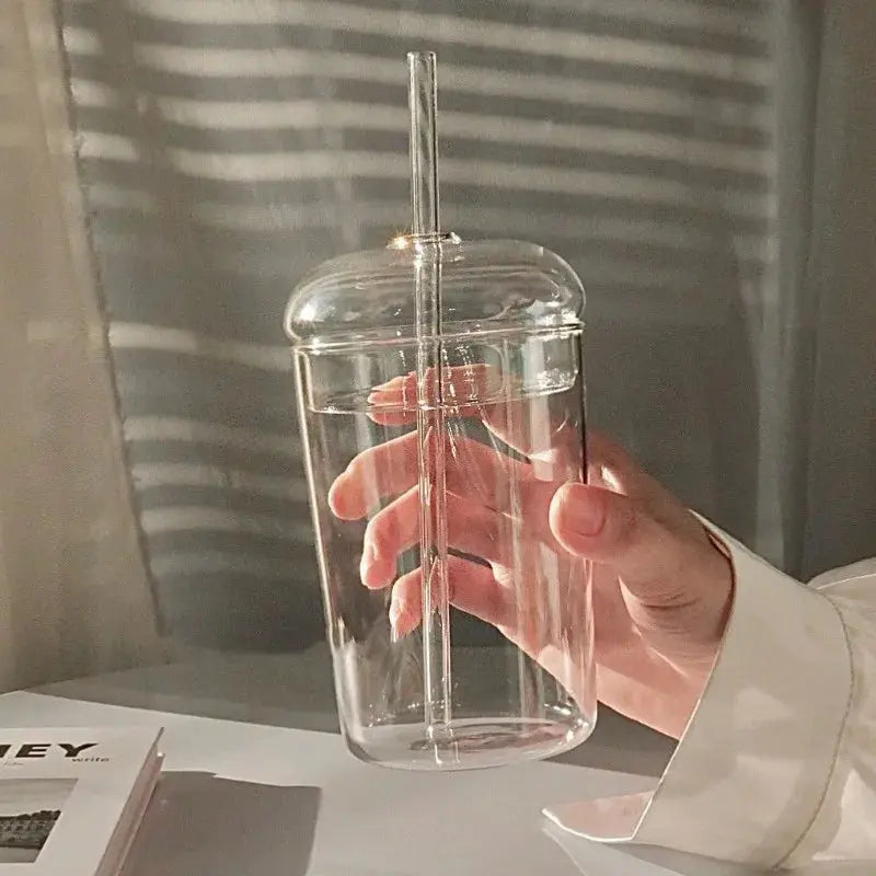 Mug Avec Couvercle 450ML – Verre Transparent Avec Paille pour café glacé et boissons fraîches