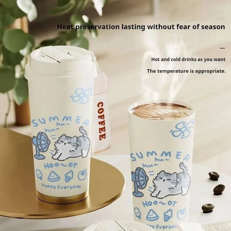 Tasse café isotherme avec motif chat et paille réutilisable en acier inoxydable  | La Gourde®