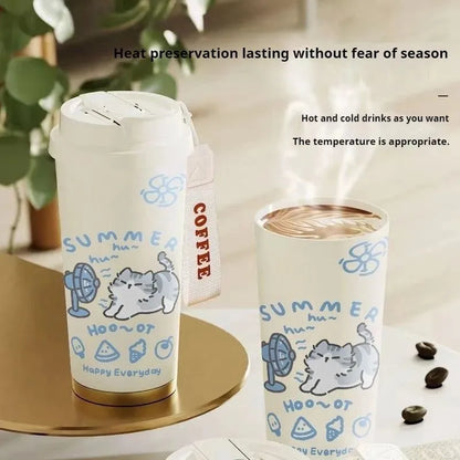 Tasse café isotherme avec motif chat et paille réutilisable en acier inoxydable  | La Gourde®