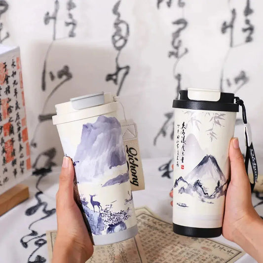 Mug Thermos Japonais 500 ml – Mug isotherme café et thé en acier inoxydable avec fleurs japonaises, double paroi sous vide et grande capacité