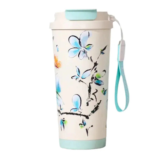 Mug Thermos Japonais Bleu – Grand mug isotherme à fleurs en acier inoxydable 500 ml pour café chaud, thé et infusion.