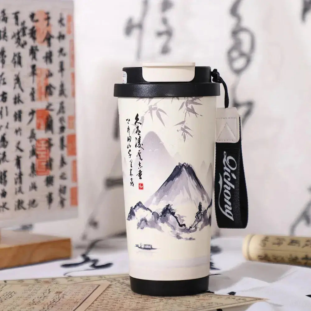 Mug Thermos Japonais – Tasse thermos en acier inoxydable avec motifs floraux pour café et thé à emporter.