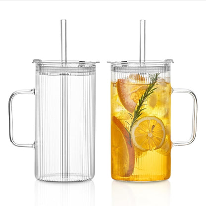 Mug en verre côtelé avec couvercle et poignée ergonomique
