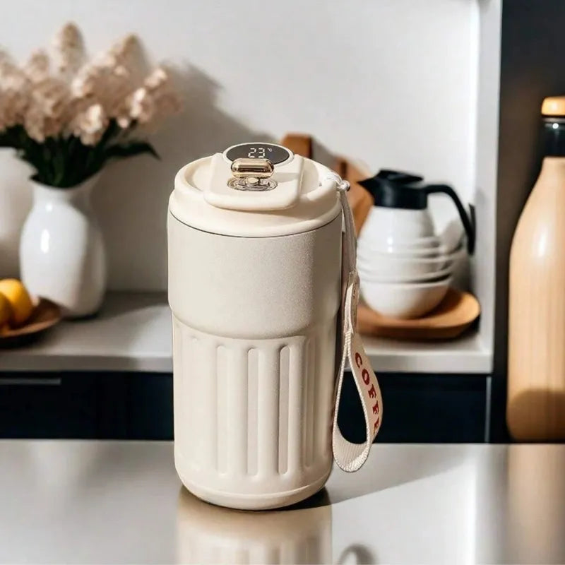 Tasse Connectée Blanc 450ML isotherme avec indicateur de température numérique pour café chaud, thé chaud et boissons préférées | La Gourde