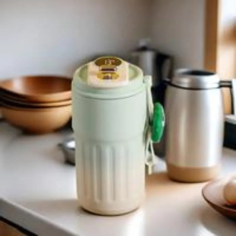 tasse connectée vert 450ml, mug intelligent, tasse isotherme connectée, affichage LED de température, mug thermique, tasse réutilisable, café chaud, thé chaud, infusion nomade, acier inoxydable, mug anti-fuite, gourde connectée La Gourde.