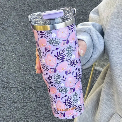 Thermos fleurie 900 ml en acier inoxydable pour thé et café