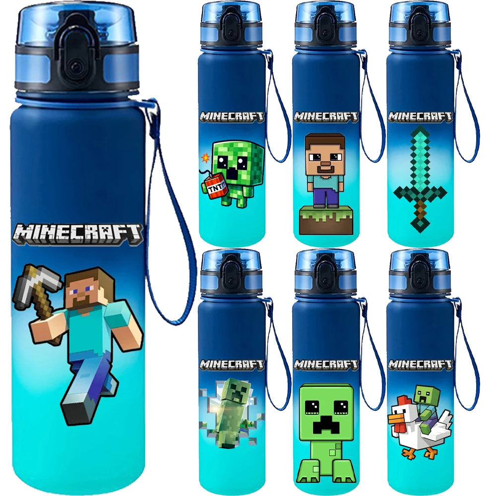 Gourde Minecraft 650 ml bleue avec bouchon anti-fuite au design pixel pour enfants et adultes.