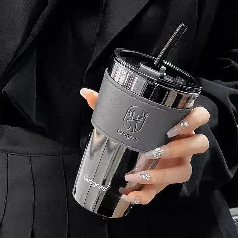 Tasse en verre portable 450ML avec paille et couvercle hermétique, solution parfaite pour hydratation quotidienne pratique et écologique en déplacement | La Gourde