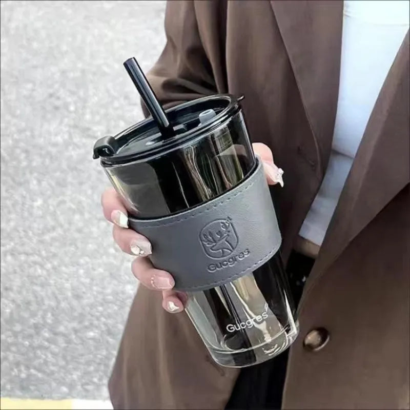 Tasse en verre portable 450ML avec couvercle anti éclaboussures, parfaite pour transport sécurisé et hydratation nomade | La Gourde